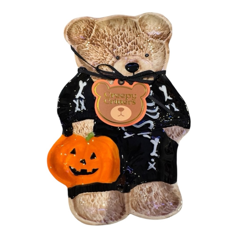 Halloween Teddy Bear Skeleton Pumpkin Costume Ceramic Spoon Rest Trinket Tray 🐻